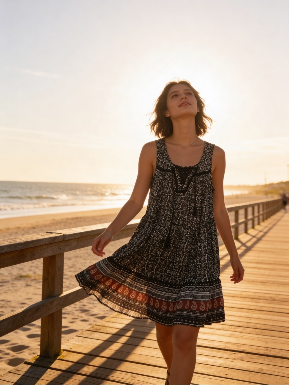American Eagle Outfitters Black Printed Mini Dress with Rust-Trim Hem